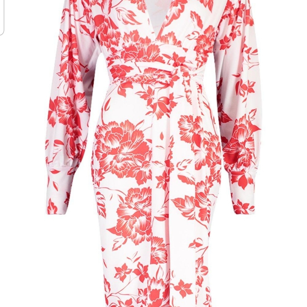 {NWT} Boohoo • Floral Print Plunge Tie Waist Midi Dress 💐 - Picture 2 of 4